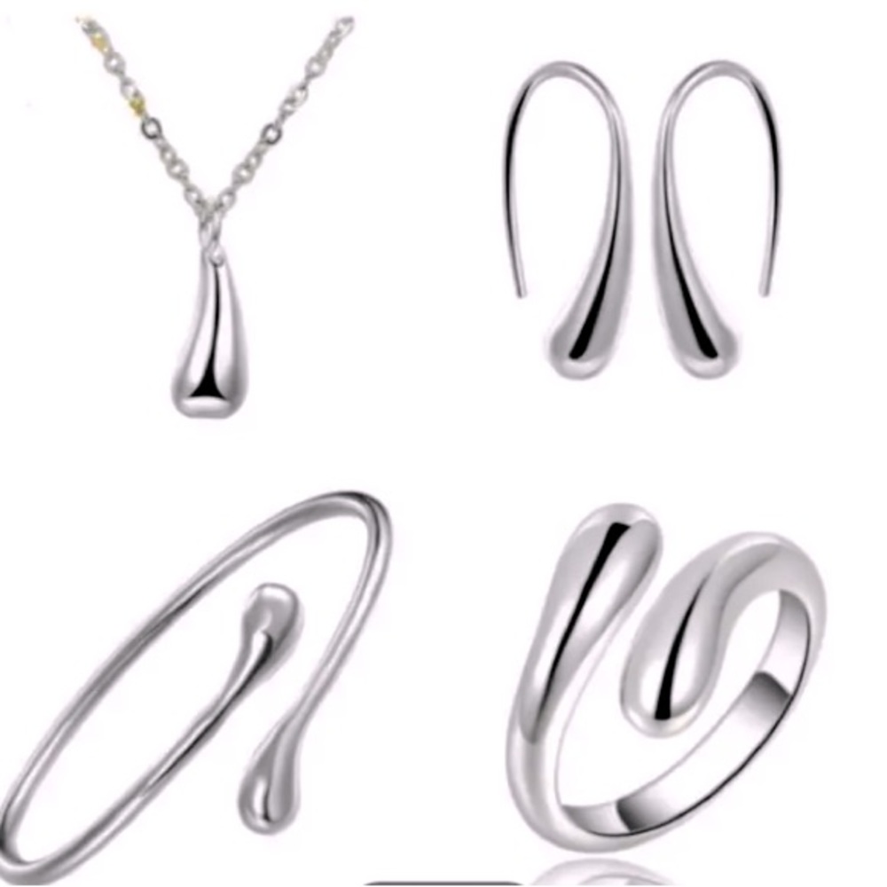 Silver Jewelry set - Pair of Earrings, Necklace, adjustable Bracelet, Ring